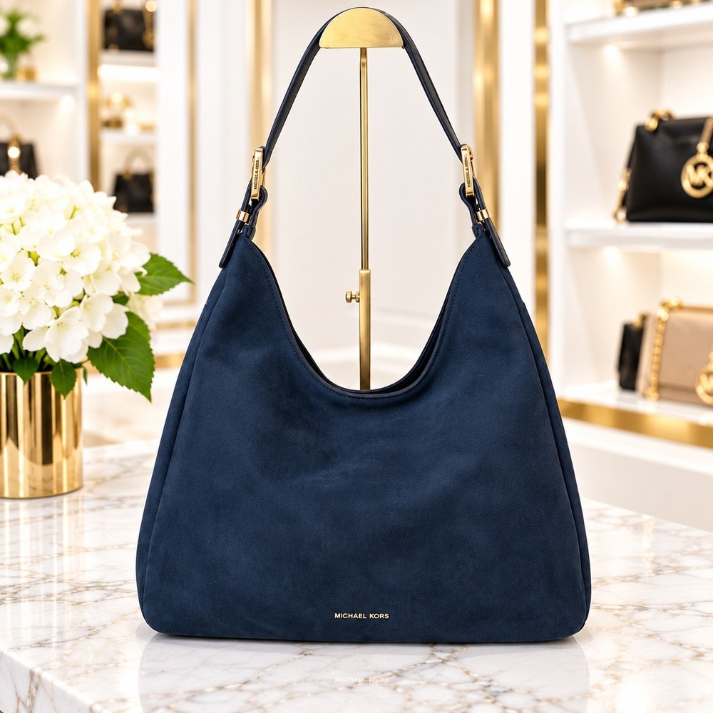 Michael Kors Nolita Large Navy Nubuck Hobo Shoulder Bag Gold Hardware